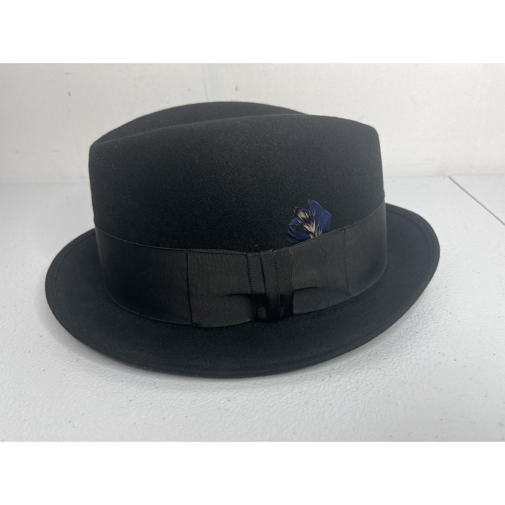 Vtg Royal‎ Stetson Black Fedora Hat With Feather Size Long Oval 7 - Picture 2 of 16